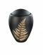 Glass cremation urn for ashes 'Golden fern' matt black