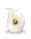 Teardrop cremation urn for ashes made of white ceramic with small gold-coloured teardrop