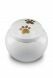 pet urn for ashes white with 2 gold-coloured paw prints in various sizes
