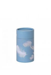Ashes scattering tube urn for a boy with feathers