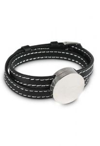 Leather bracelet black with stainless steel cremation ash holder