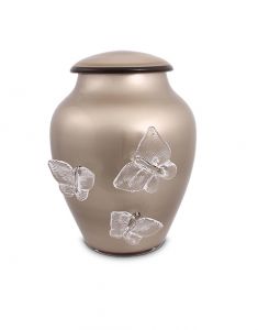 Cappuccino coloured crystal glass cremation urn with butterflies