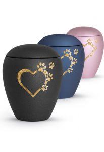 Pet urn with heart and four pawprints in several colours and sizes