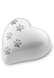 White heart shaped pet urn with silver pawprints | Small