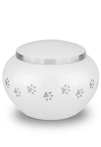 White pet urn with silver coloured pawprints | Large