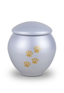 Light grey pet urn with gold coloured paws