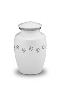 White pet urn with silver pawprints | Medium