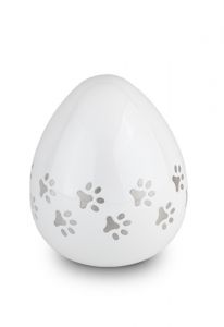 White pet urn with silver coloured pawprints 'Coco'