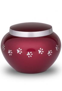 Red pet urn with silver coloured pawprints | Small