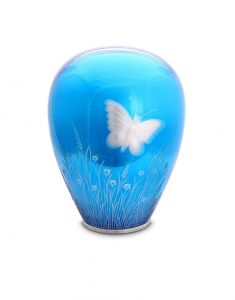 Sky blue crystal glass cremation urn with butterfly