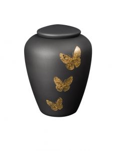 Glass cremation urn for ashes anthracite with golden butterflies