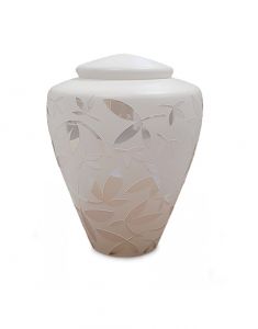 Glass cremation ashes urn 'Leaves' white