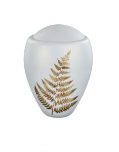 Glass cremation urn for ashes 'Golden fern' matt white