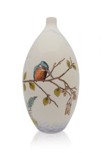 Small hand-painted art urn for ashes 'Kingfisher on alder branch'