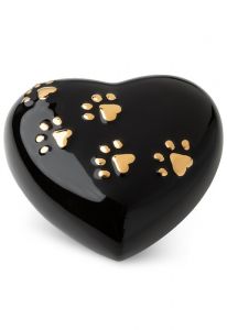 Black heart pet urn with paw prints in several sizes