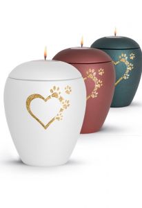 Candle holder pet urn with heart and pawprints in several colours and sizes