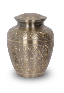 Cast brass cremation urn for ashes with silver/gold design