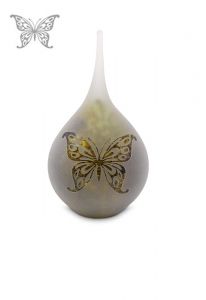Frosted teardrop shaped glass mini urn 'butterfly' in several colours