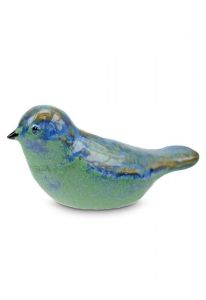 Ceramic keepsake ashes urn 'Bird' blue/green
