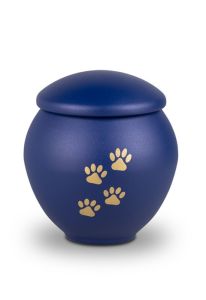 Blue pet urn with gold coloured paws