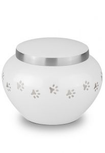 White pet urn with silver coloured pawprints | Small