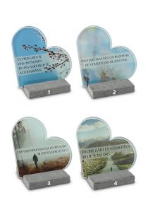Heart shaped memorial marker with several designs on glass plate