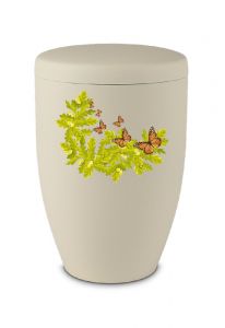 Metal cremation urn for ashes beige with oak leaves and butterflies
