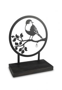 Sculpture urn for ashes 'Bird on branch' with glass ash pearl