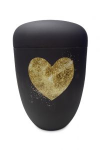 Metal cremation urn for ashes black with golden heart