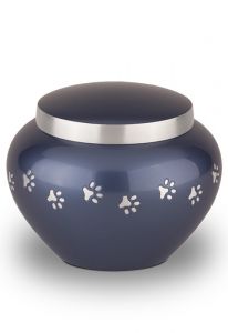 Blue pet urn with silver coloured pawprints | Small