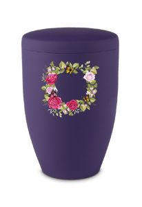 Metal cremation urn for ashes purple with flowers and butterflies