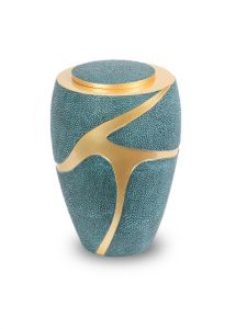 Cremation urn for ashes with blue faux stingray leather