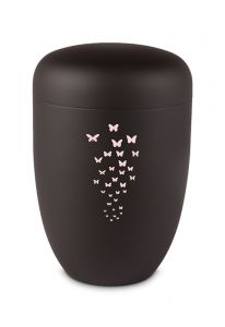Metal cremation urn for ashes black with butterflies