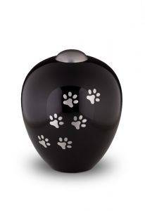 Black pet urn for ashes with silver coloured pawprints | Large