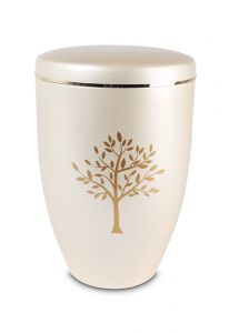 Metal urn 'Modern tree' cream white and mother of pearl with gold strap