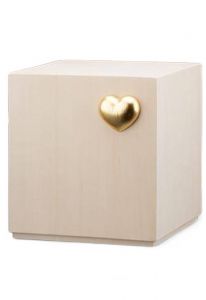 Wooden Urn for Ashes 'Cube' natural lime with golden heart
