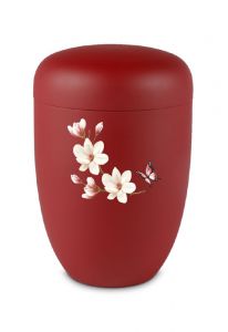 Metal cremation urn for ashes red with flower and butterfly