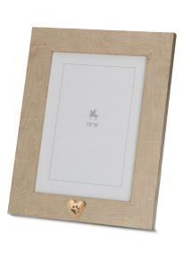 Light brown photo frame urn with small golden pawprint heart for cremation ashes