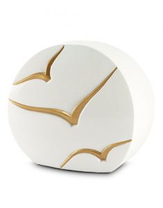 Ceramic cremation urn for ashes with golden birds