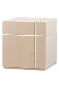 Wooden Urn for Ashes 'Cube' natural lime with golden cross
