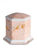 Porcelain cremation urn for ashes 'Esagono' | Pink marble motif